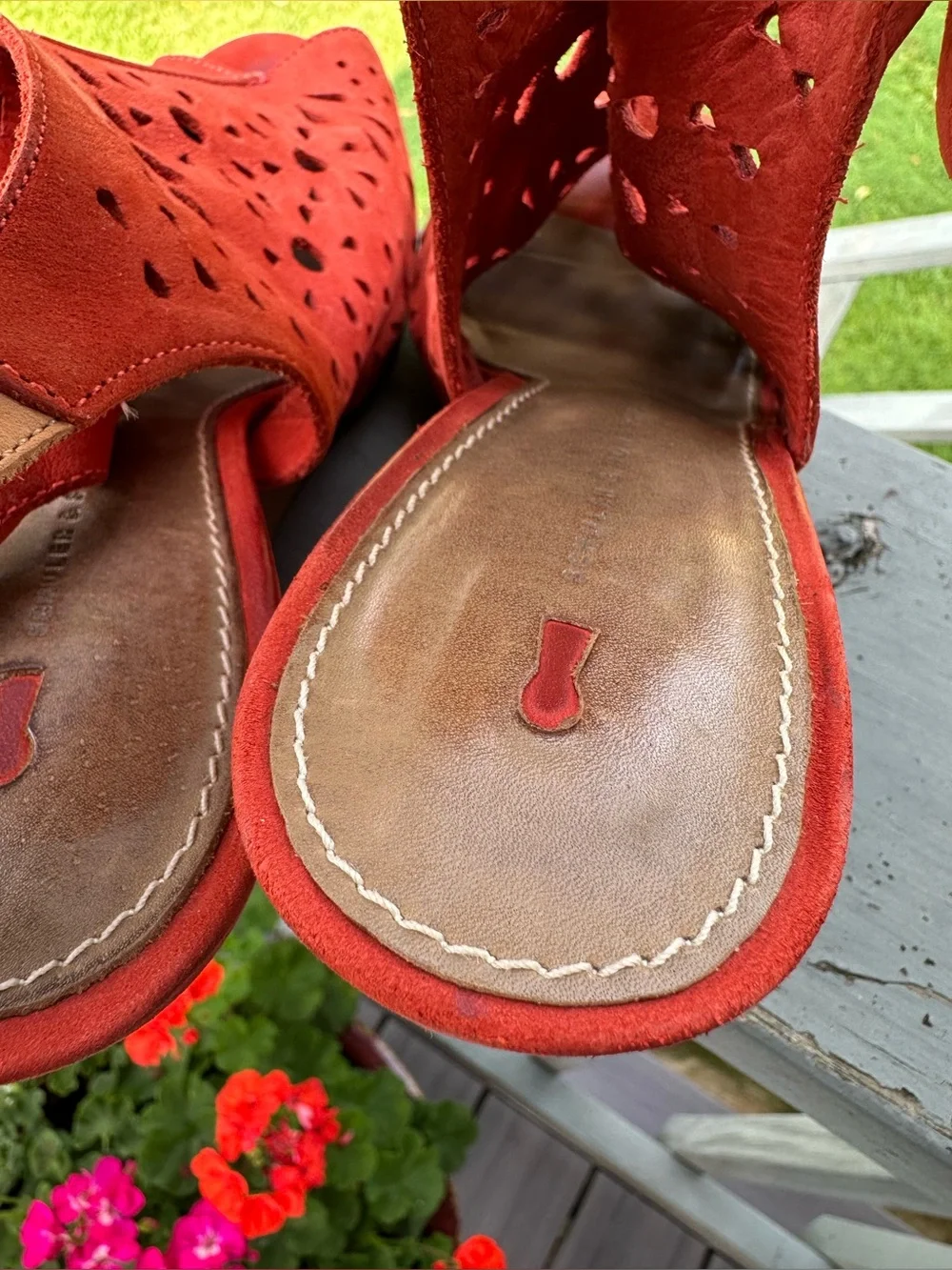 SCHULER & SONS PHILA 7.5 Orange Suede Laser-Cut Wedge Sling Back Sandals Wood